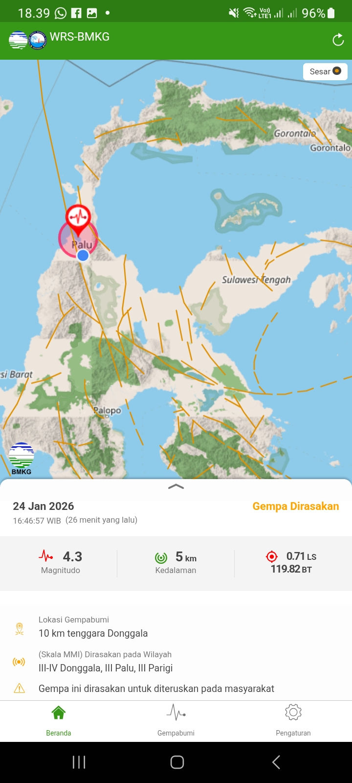 Peta guncangan gempa yang dirasakan di Donggala dan sekitarnya pada Sabtu (24/1/2026).