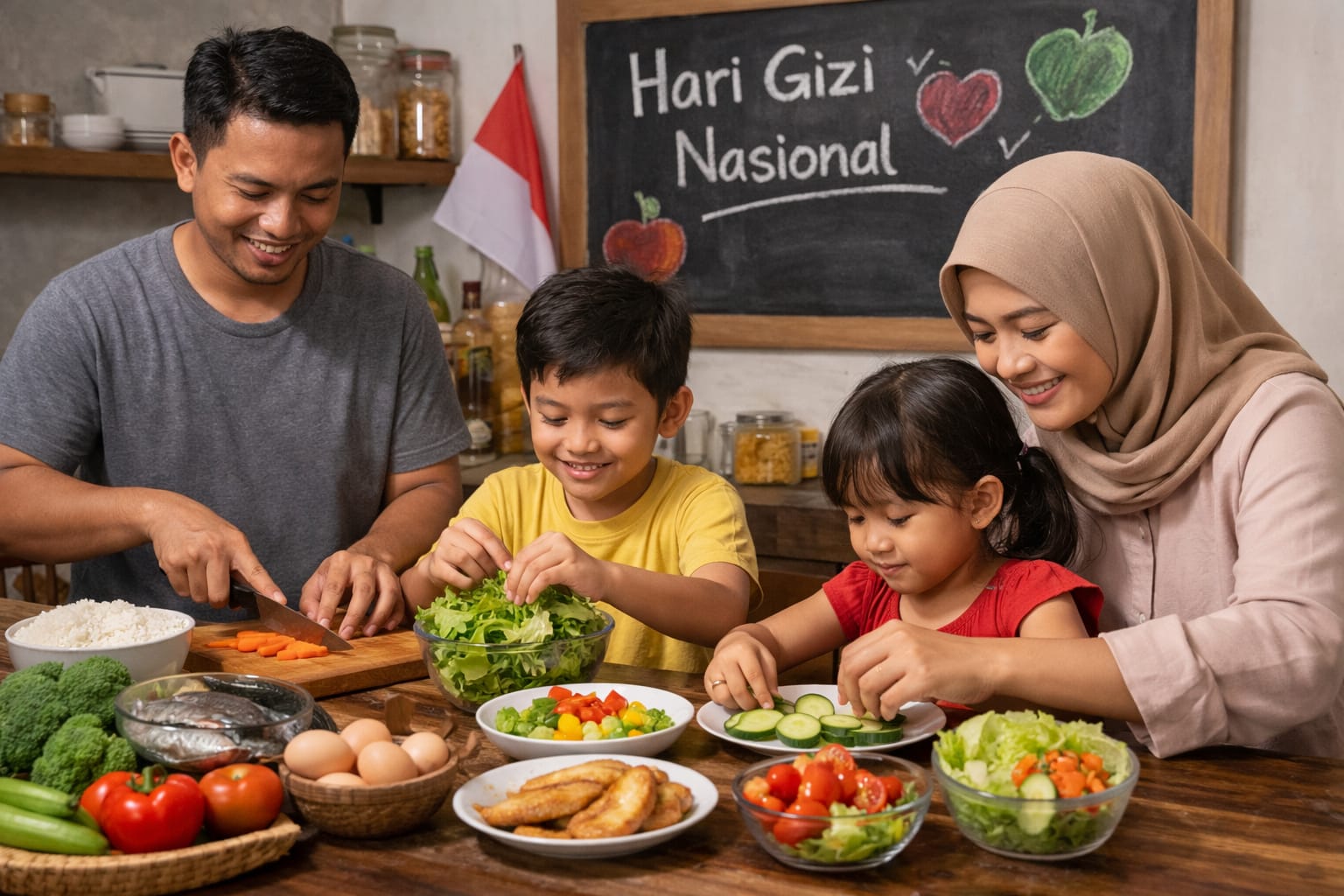 ILUSTRASI Aktivitas keluarga saat menyiapkan makanan di rumah, mencerminkan pesan Hari Gizi Nasional bahwa kualitas gizi dimulai dari meja makan.