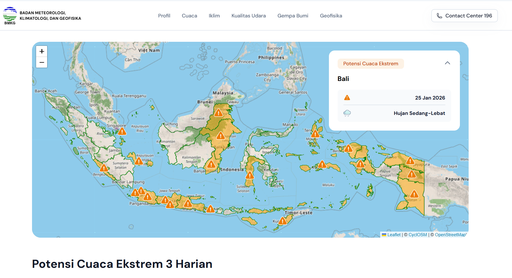 Peta Potensi Cuaca Ekstrem 3 Harian yang dirilis BMKG menunjukkan sejumlah wilayah di Indonesia berstatus waspada.