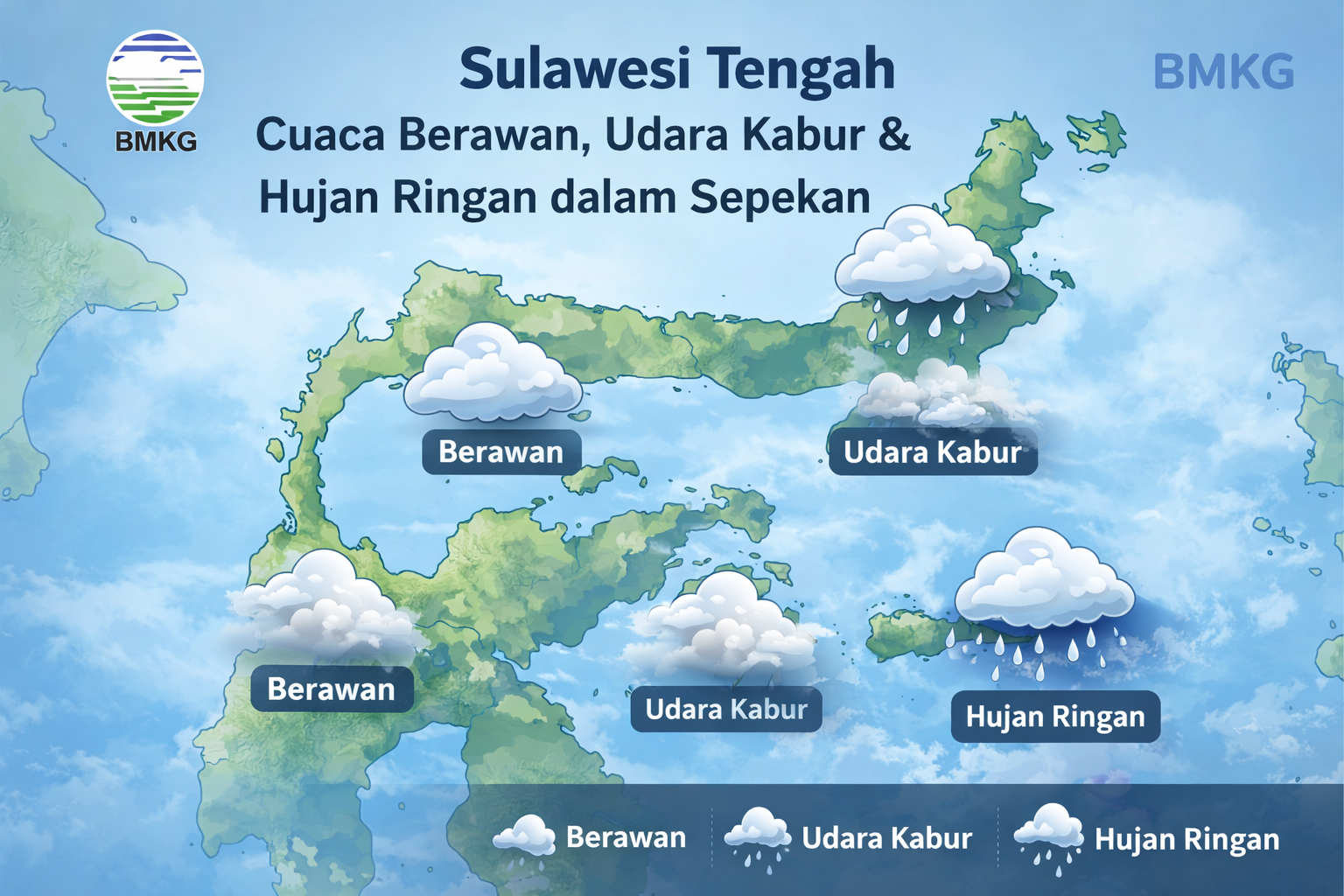 Peta prakiraan cuaca BMKG menunjukkan kondisi berawan, udara kabur, dan hujan ringan di sejumlah wilayah Sulawesi Tengah dalam sepekan ke depan.