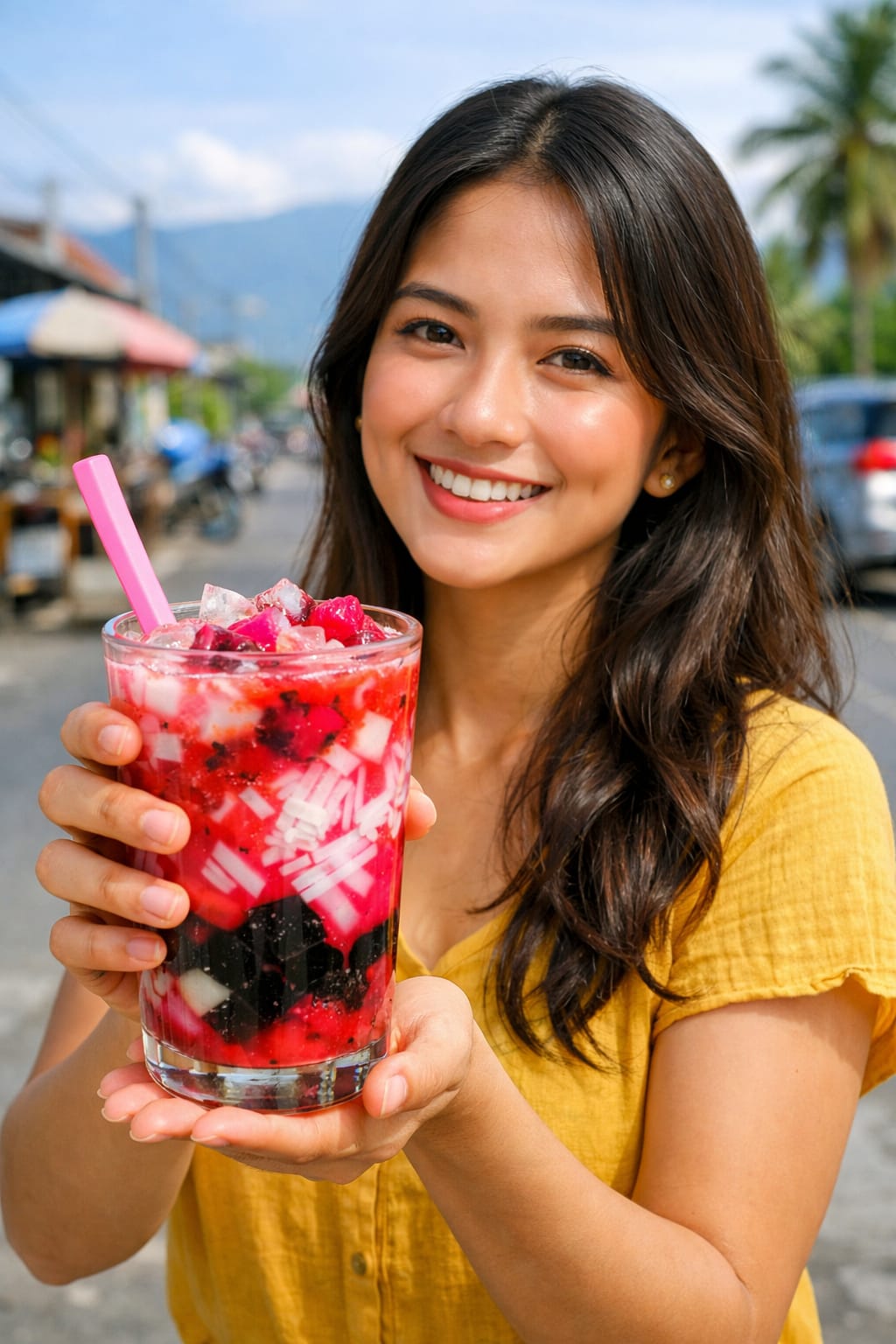Ilustrasi Es campur buah naga dengan cincau dan degan jadi pilihan minuman segar warga Palu saat cuaca panas terik.