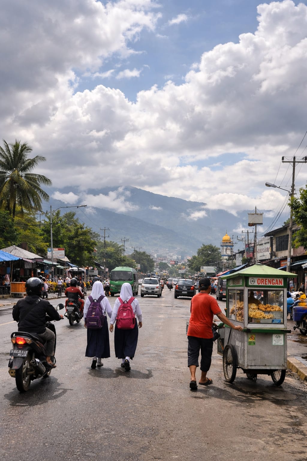 Langit berawan menaungi aktivitas warga Kota Palu saat suhu udara meningkat pada siang hari.