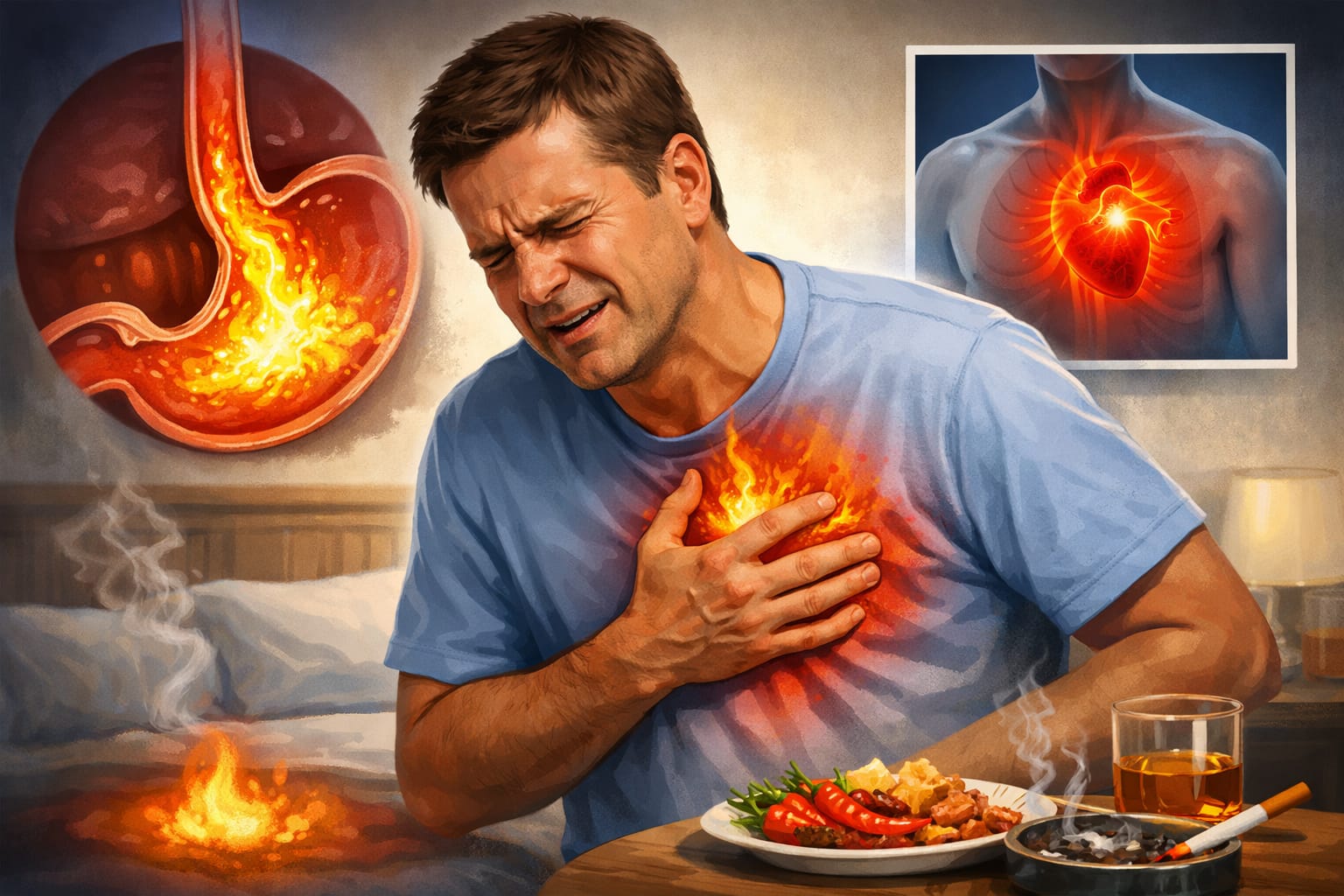 Ilustrasi penderita GERD yang kerap mengalami nyeri dada dan rasa terbakar di ulu hati akibat asam lambung naik.