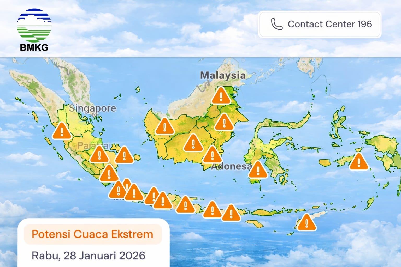 Peta peringatan dini BMKG menunjukkan potensi cuaca ekstrem di sejumlah wilayah Indonesia, Rabu (28/1/2026).Peta peringatan dini BMKG menunjukkan potensi cuaca ekstrem di sejumlah wilayah Indonesia, R