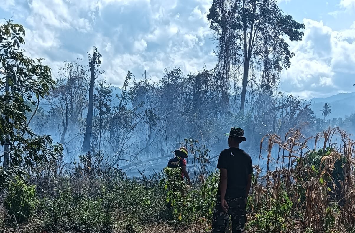 Petugas gabungan BPBD, Damkar, TNI-Polri bersama warga melakukan pemadaman kebakaran hutan dan lahan di Desa Baliara, Parigi Barat, Parigi Moutong.