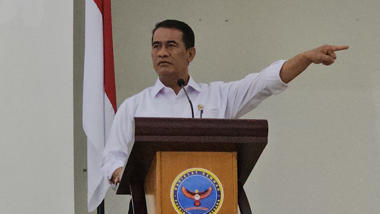 Menteri Pertanian Amran Sulaiman menyampaikan pemaparan dalam Retret PWI di Pusdiklat Bela Negara Kemenhan, Jumat (31/1).