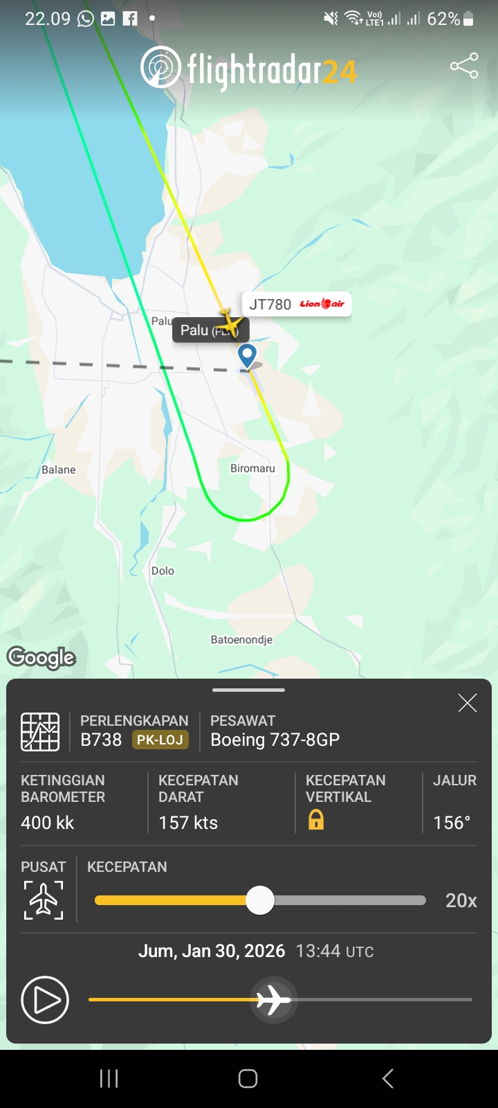 Pesawat Lion Air JT-780 rute Makassar (UPG) Palu (PLW) gagal mendarat saat pendekatan akhir di Bandara Mutiara SIS Al-Jufrie Palu, Jumat (30/1).