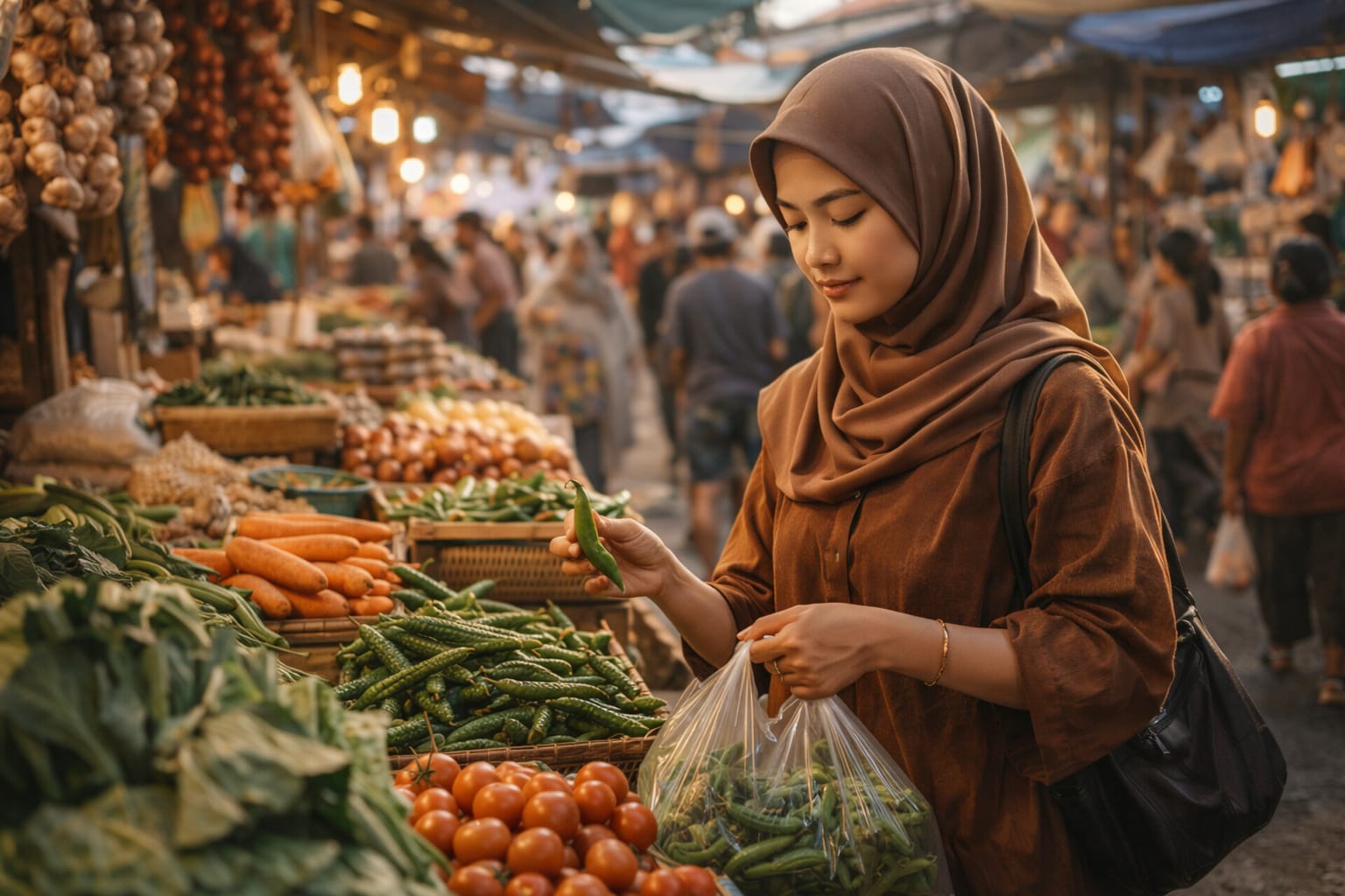 Aktivitas jual beli di pasar tradisional. Warga cenderung lebih selektif dalam berbelanja dan memprioritaskan kebutuhan harian.