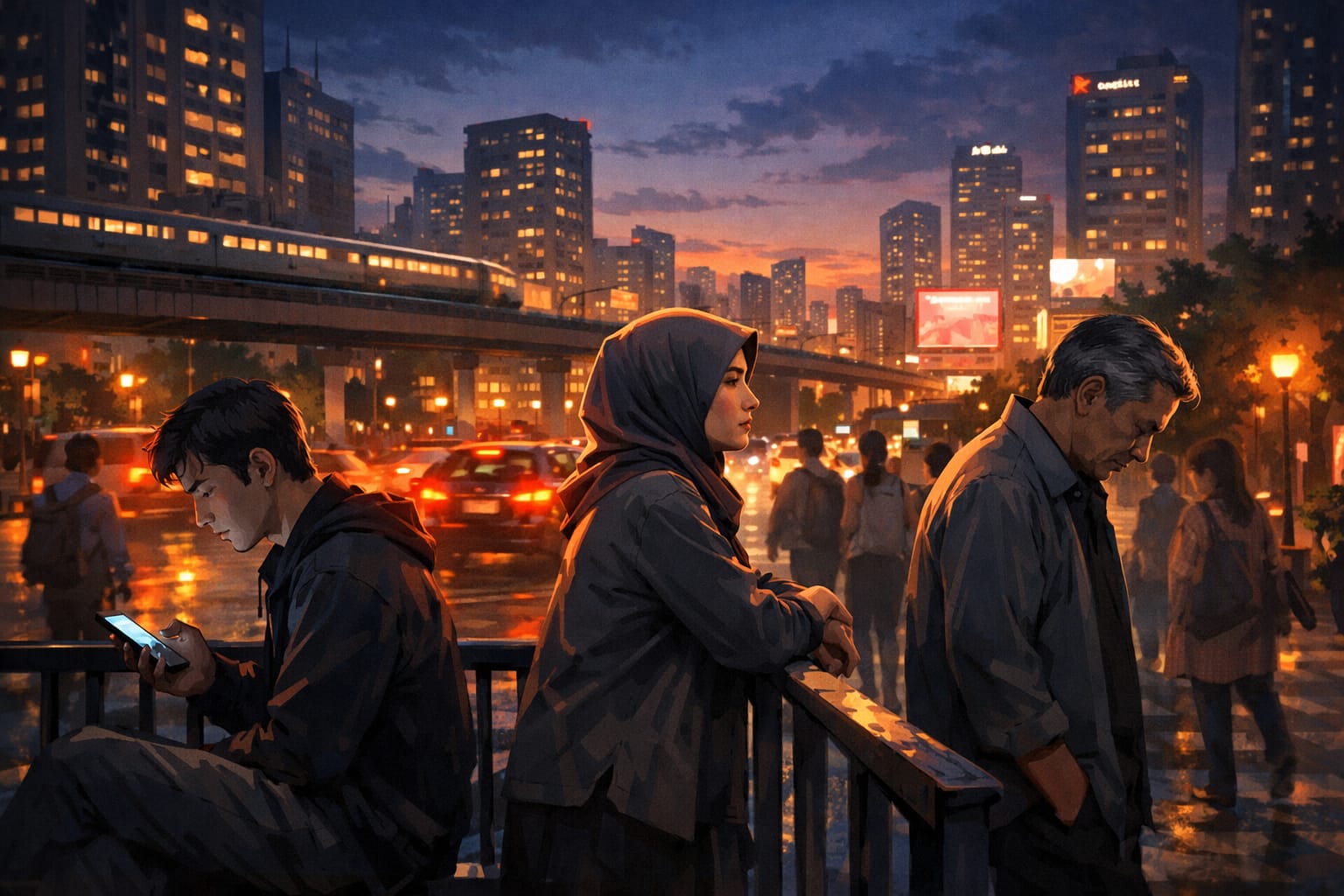 Ilustrasi suasana kota menjelang malam. Di tengah tekanan dan ritme hidup yang cepat, sebagian masyarakat memilih memperlambat langkah dan menjaga ruang personal.