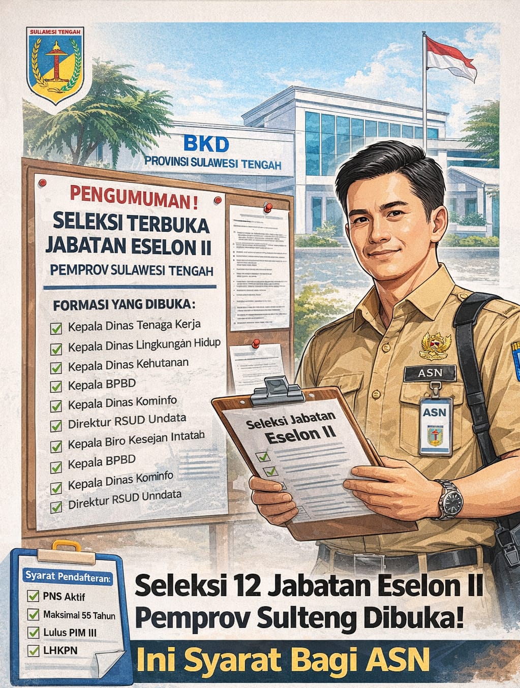 Ilustrasi seleksi terbuka 12 Jabatan Pimpinan Tinggi Pratama Pemprov Sulawesi Tengah. ASN dapat mengecek syarat administrasi dan kualifikasi sebelum mendaftar.