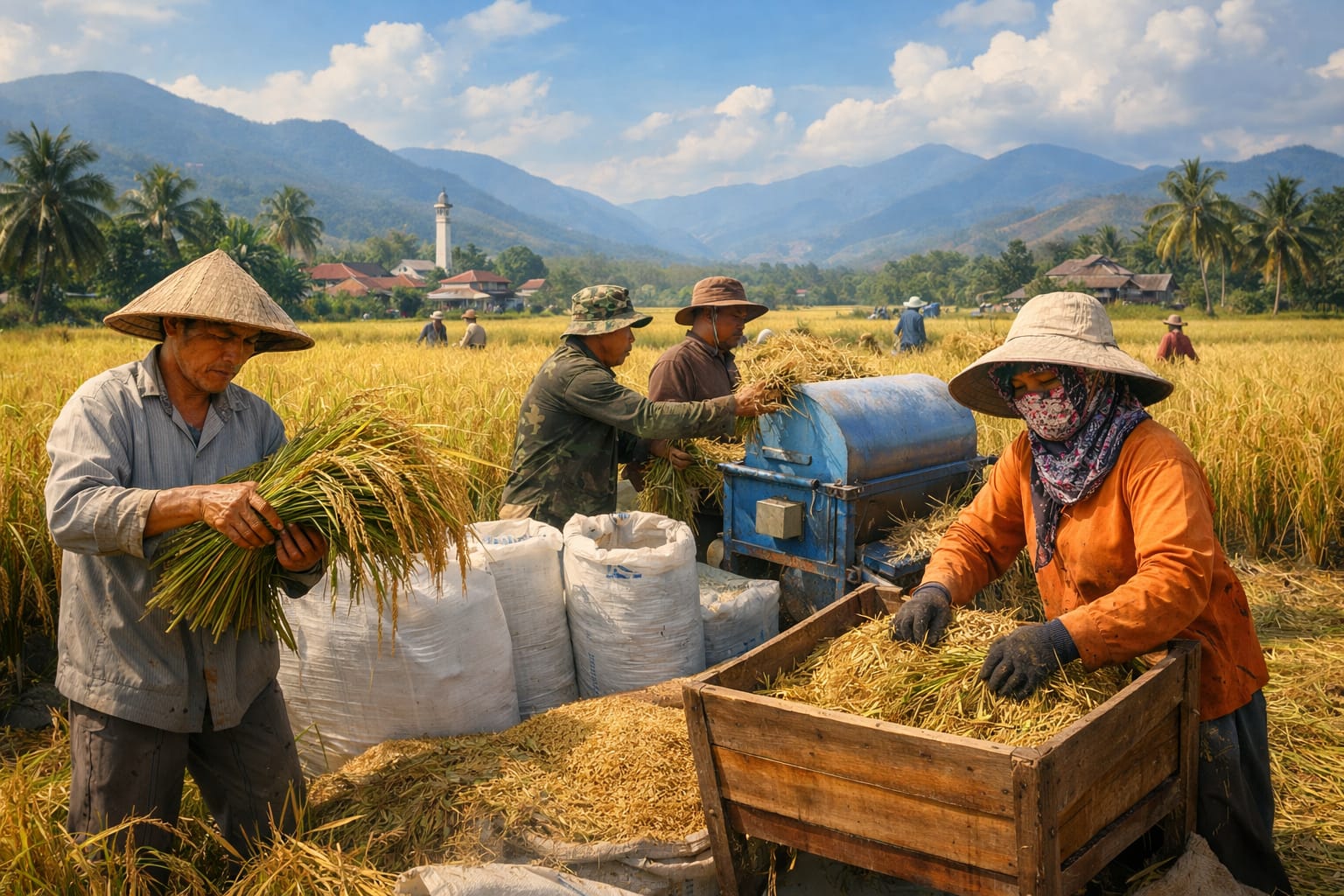 Petani memanen padi di salah satu sentra pertanian Sulawesi Tengah. Produksi beras daerah ini meningkat sepanjang 2025.