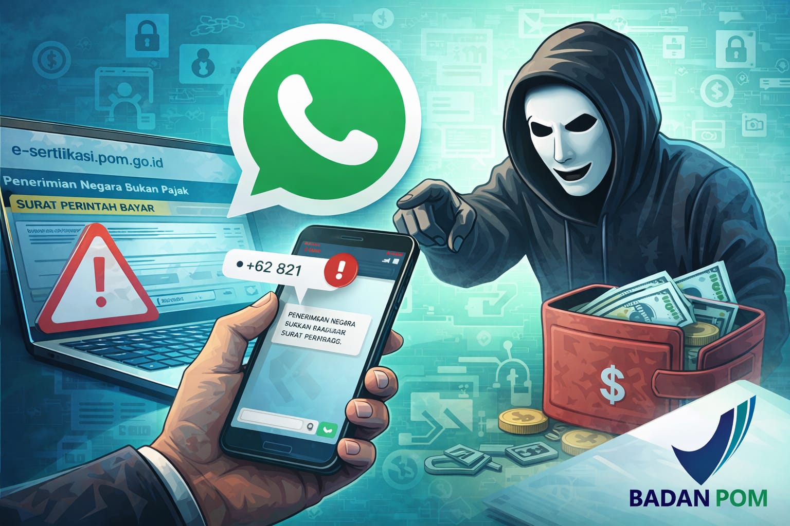 Ilustrasi penipuan yang mengatasnamakan layanan e-Sertifikasi Badan POM melalui pesan WhatsApp. Badan POM menegaskan seluruh pembayaran PNBP hanya dilakukan lewat sistem resmi.