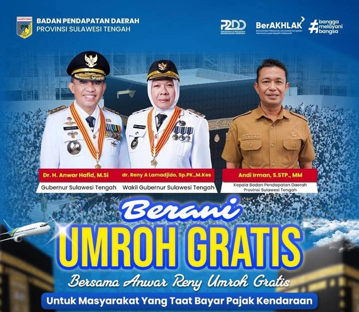 Player Kepala Bapenda Sulteng Andi Irman bersama gubernur dan wakil gubernur terkait program umrah gratis bagi wajib pajak kendaraan bermotor yang taat membayar PKB.