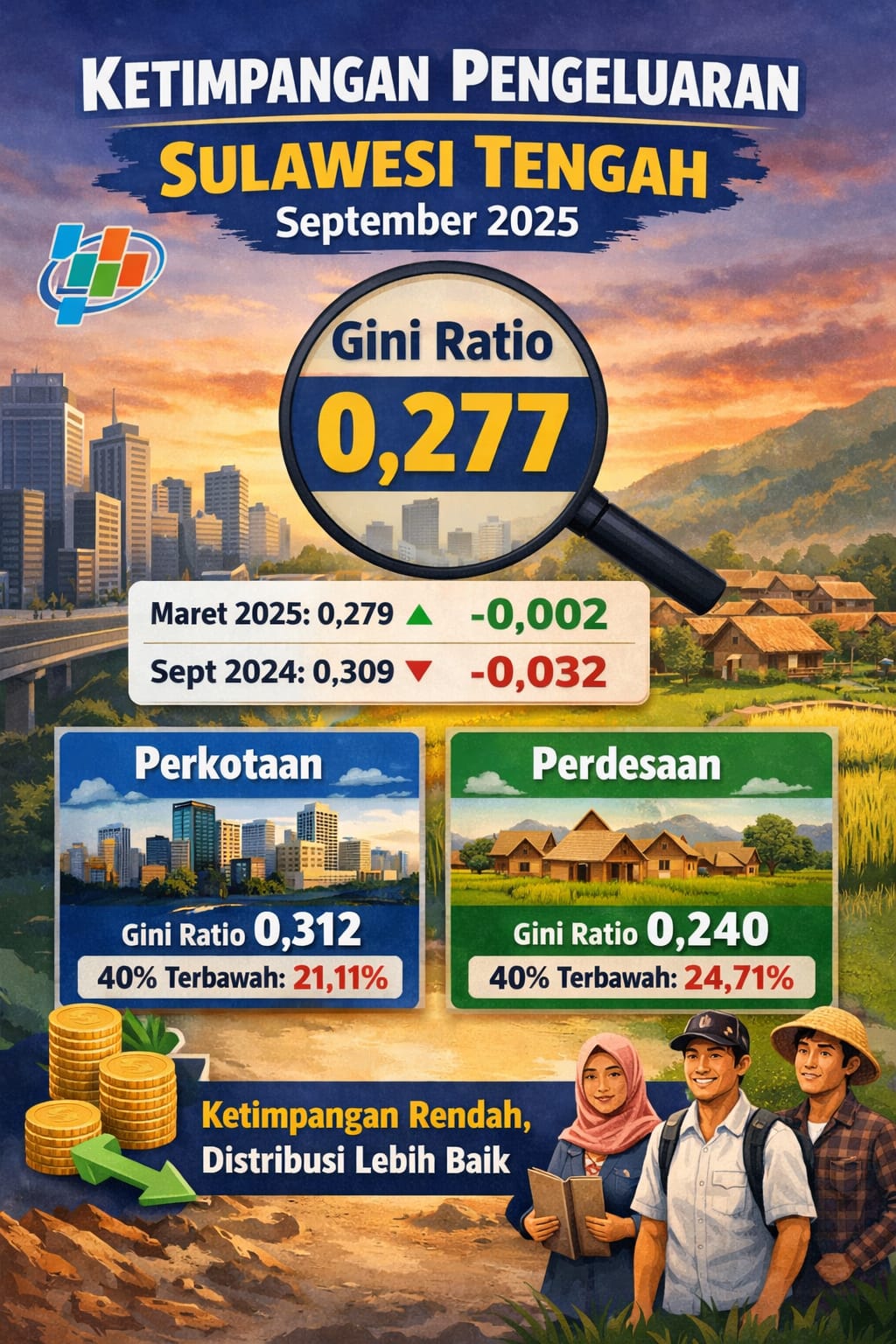 Ilustrasi ketimpangan pengeluaran penduduk Sulawesi Tengah. Data BPS menunjukkan Gini Ratio September 2025 menurun.