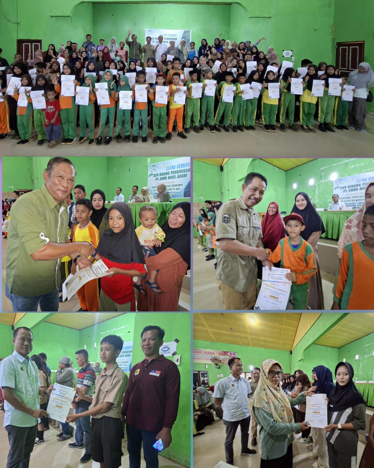 Ratusan siswa di Petasia Timur menerima beasiswa prestasi akademik dari PT ANA di Gedung Desa Bungintimbe, Morowali Utara.