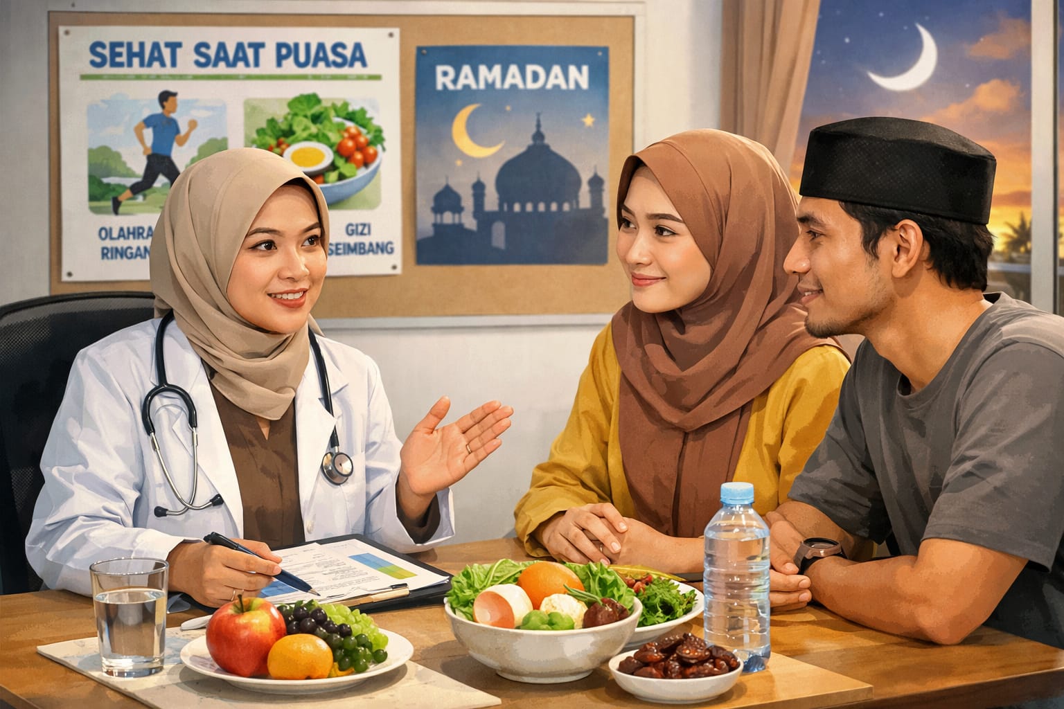 Ilustrasi  Dokter memberikan edukasi kesehatan kepada pasangan muda agar tetap bugar dan sehat selama menjalankan ibadah puasa Ramadan.