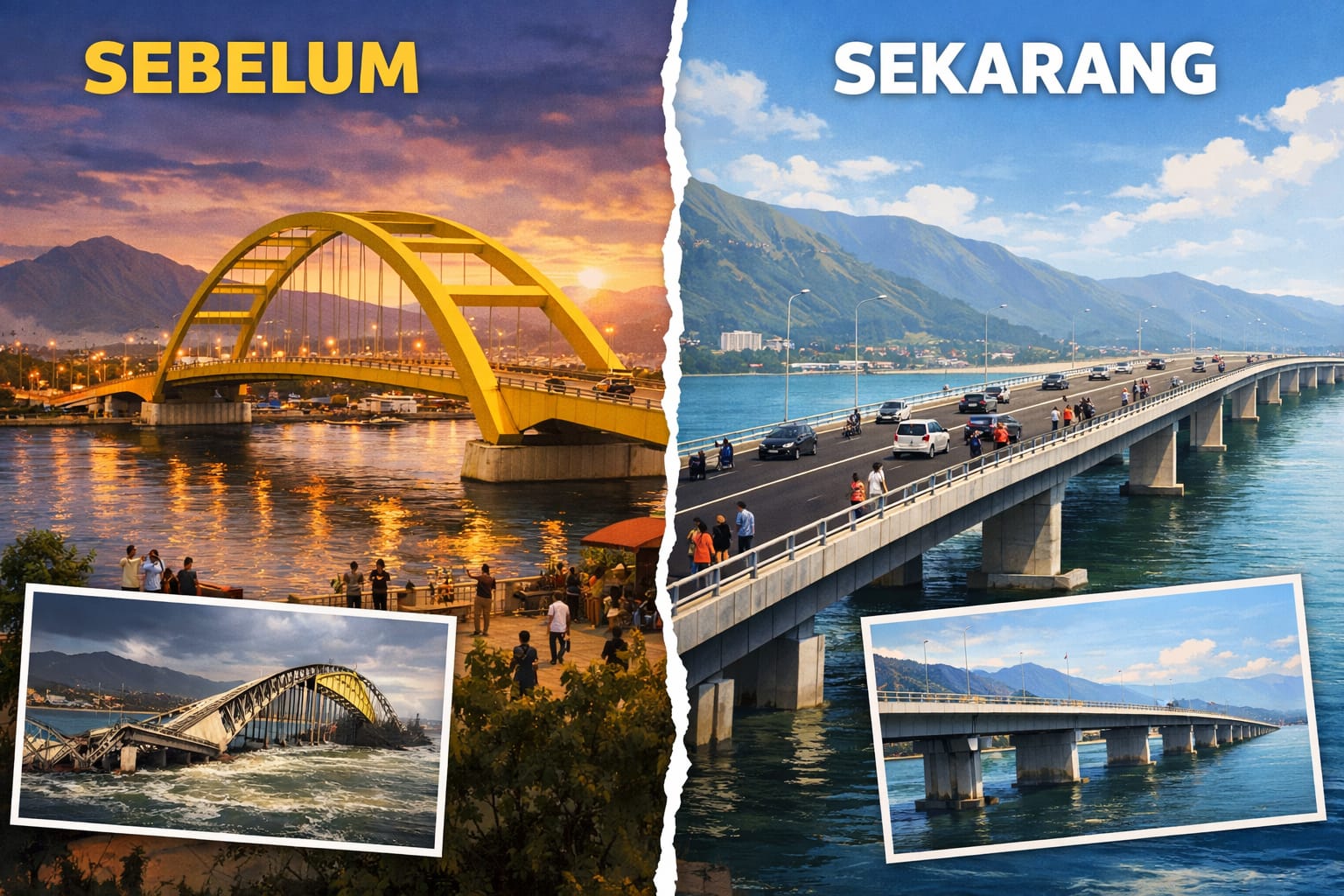 Ilustrasi Dulu dan sekarang: Jembatan Palu IV berdiri kembali. Bentuknya berbeda, tetapi fungsinya sama: menyambung dua sisi kota, dan perlahan, menyatukan kembali ingatan yang pernah patah.