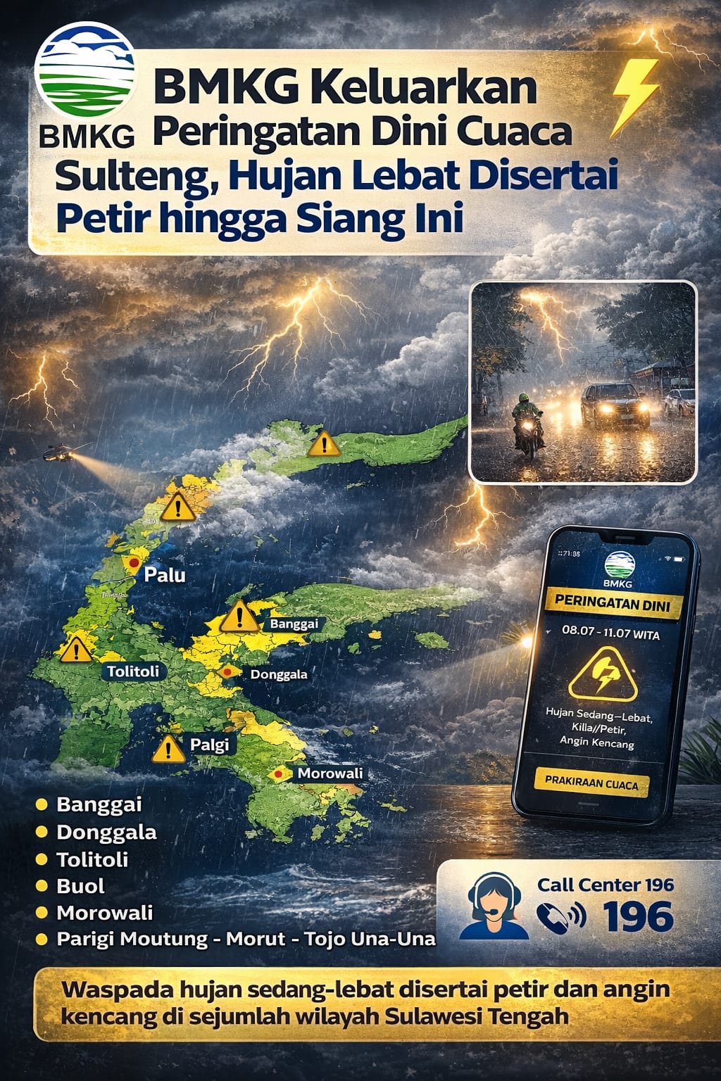 Ilustrasi peringatan dini BMKG terkait potensi hujan sedang hingga lebat disertai petir dan angin kencang di sejumlah wilayah Sulawesi Tengah, Sabtu (14/2/2026).