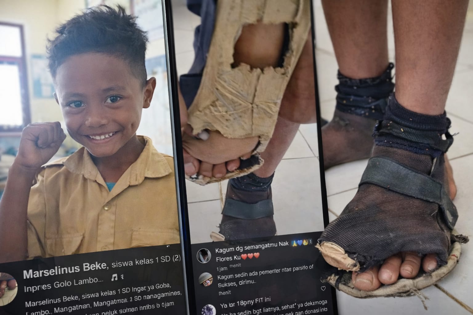 Tangkapan layar video yang dibagikan kepala sekolah dan diunggah ulang akun Instagram feedgramindo, memperlihatkan kondisi sepatu siswa SD di Manggarai.