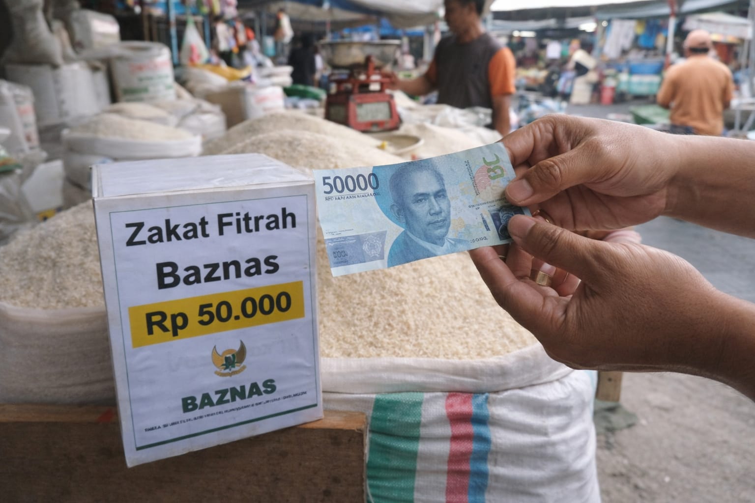 Ilustrasi pembayaran zakat fitrah yang nilainya dapat disesuaikan berdasarkan harga beras di masing-masing daerah.