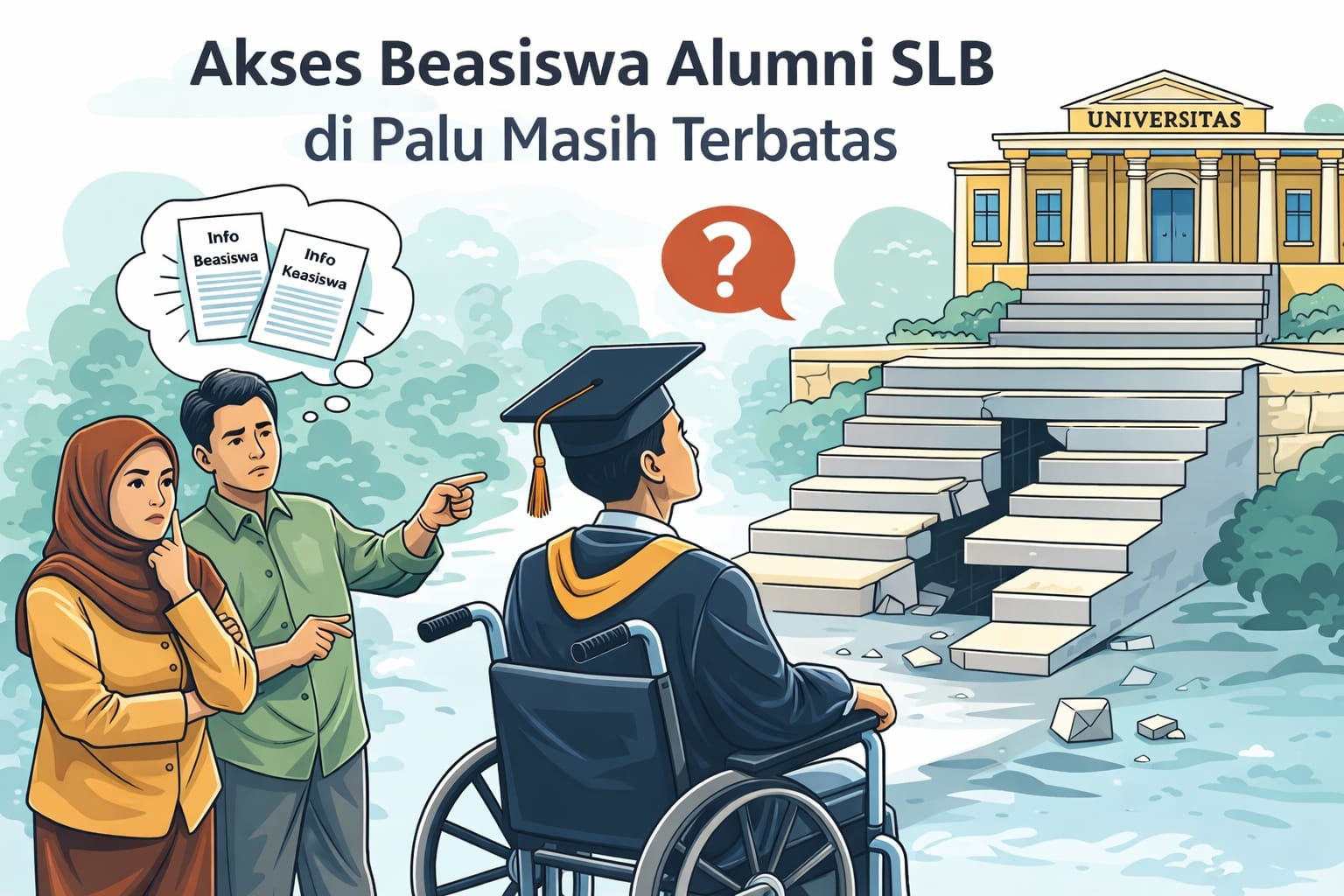 Ilustrasi lulusan SLB menghadapi keterbatasan akses menuju perguruan tinggi. Guru di Palu menilai beasiswa dan sistem pendampingan bagi alumni disabilitas masih perlu diperkuat.