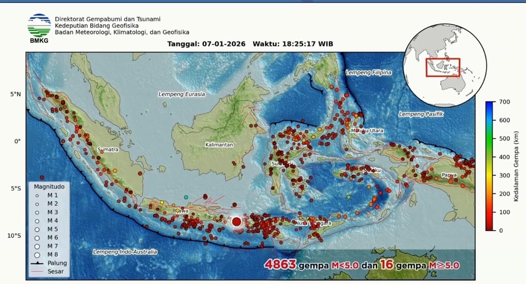 Ilustrasi peta sebaran gempa bumi di Indonesia berdasarkan data BMKG Januari 2026.