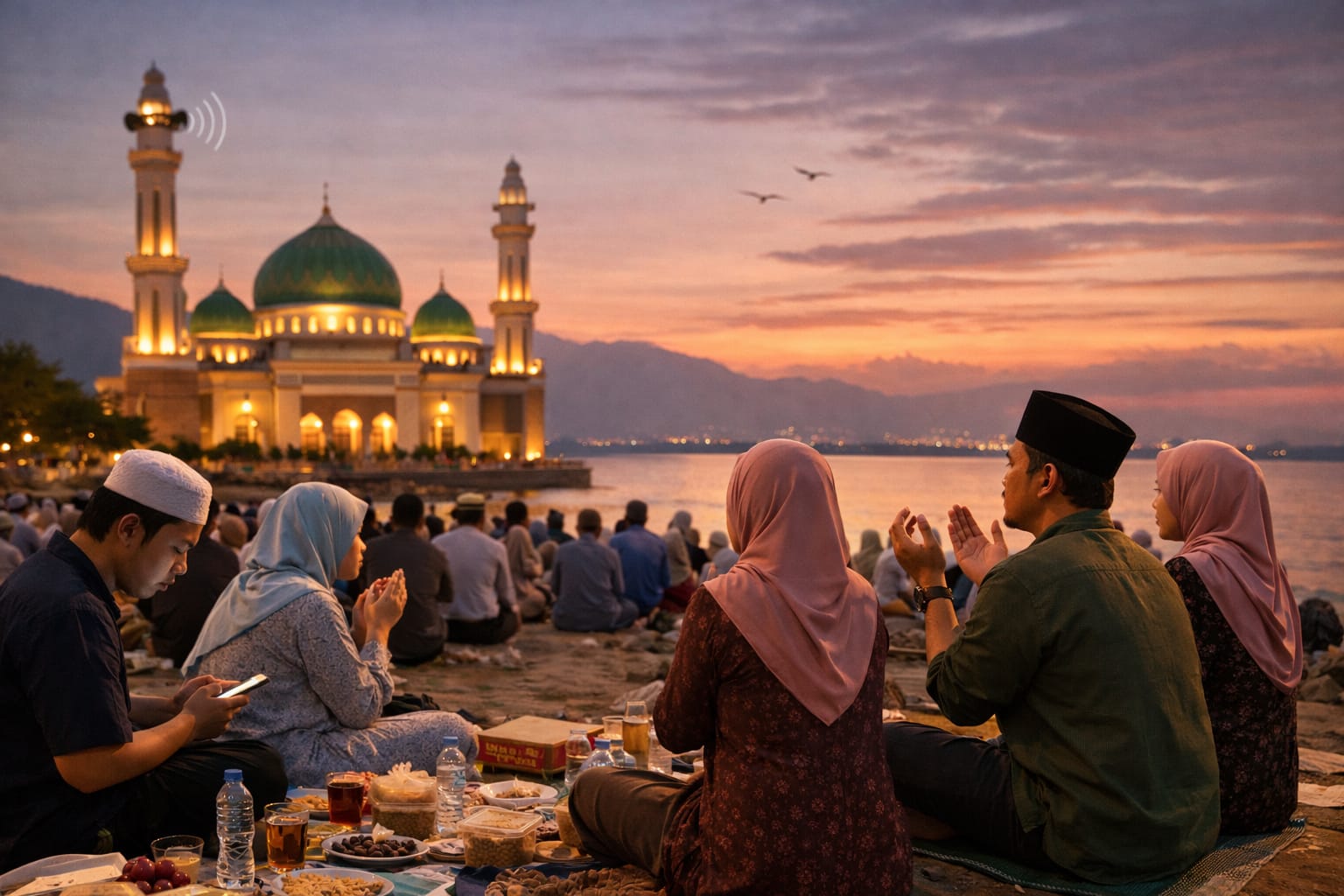 Ilustrasi warga Palu menunggu azan Maghrib saat berbuka puasa, mengikuti jadwal imsakiyah resmi Ramadan.