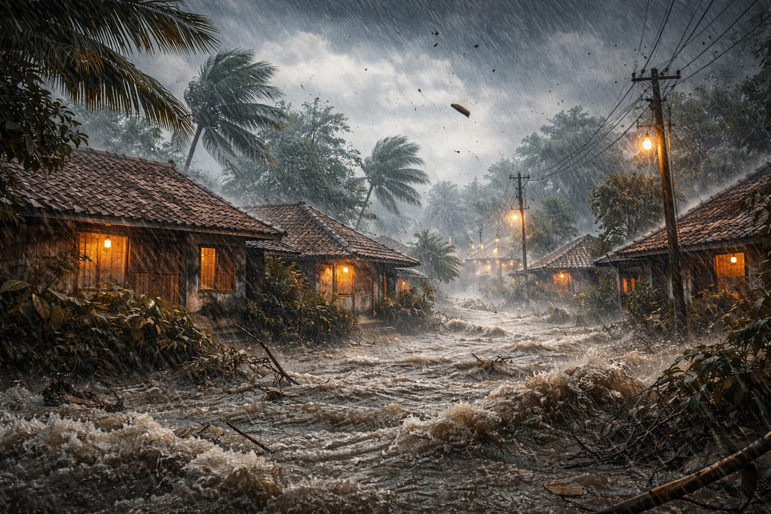 Ilustrasi hujan lebat disertai angin kencang di kawasan permukiman saat cuaca ekstrem melanda sejumlah wilayah Indonesia.