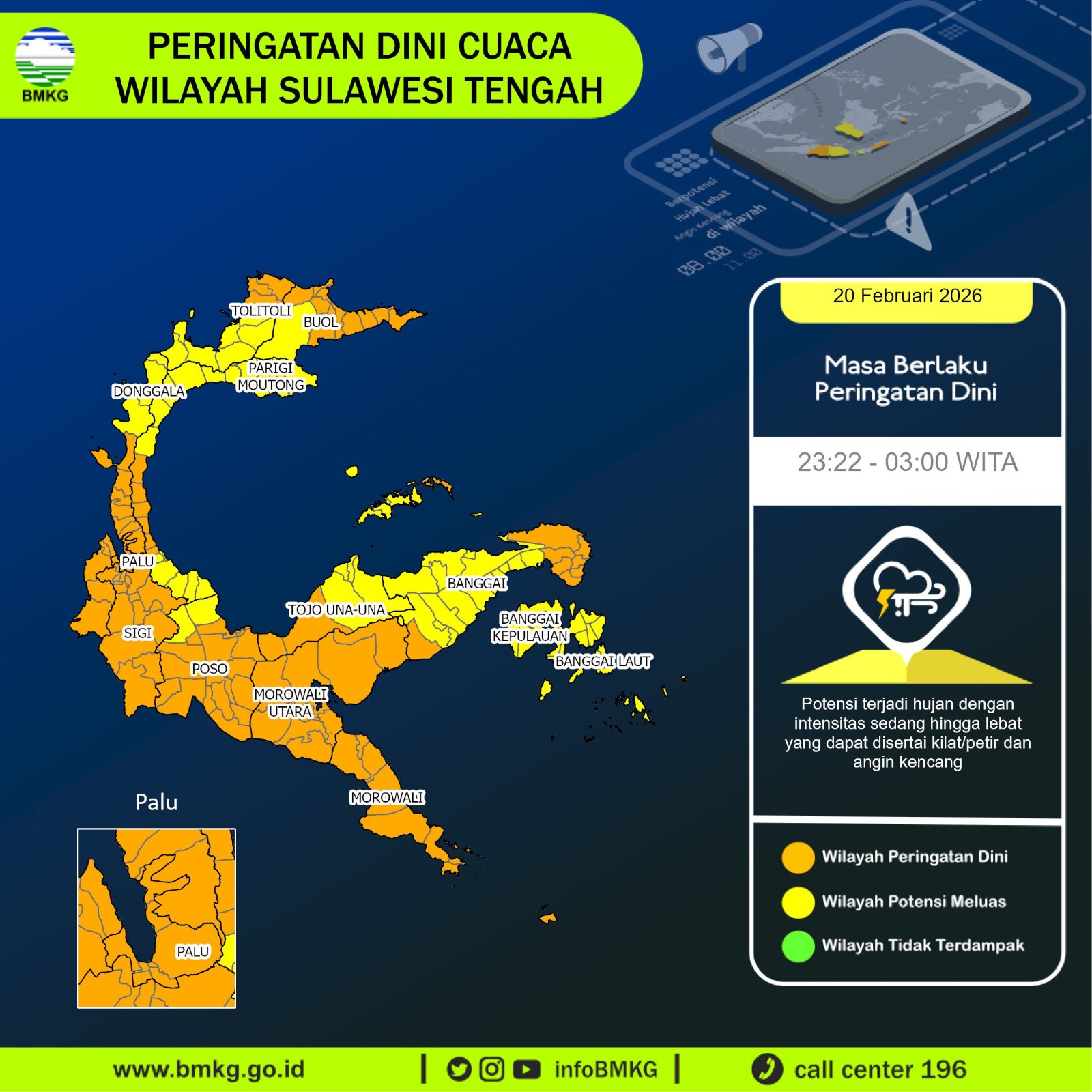 BMKG) Sulawesi Tengah mengeluarkan pembaruan peringatan dini cuaca pada Jumat (20/2) pukul 23.10 WITA.