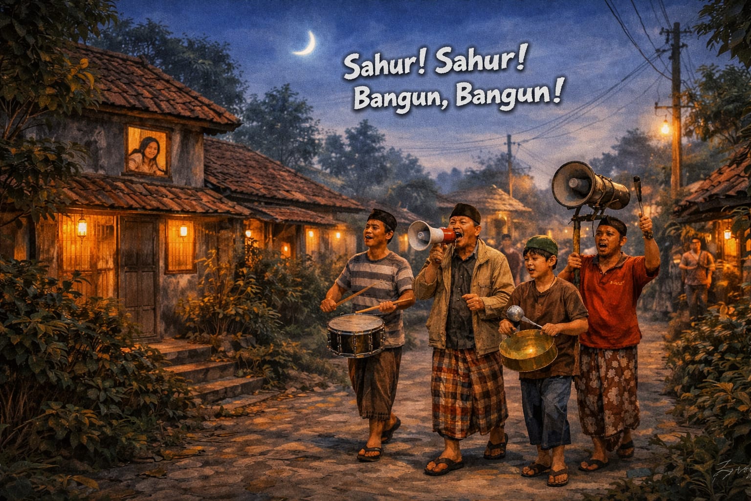 Ilustrasi warga pemukiman menjalani tradisi saling membangunkan warga lain untuk melaksanakan sahur Ramadan.