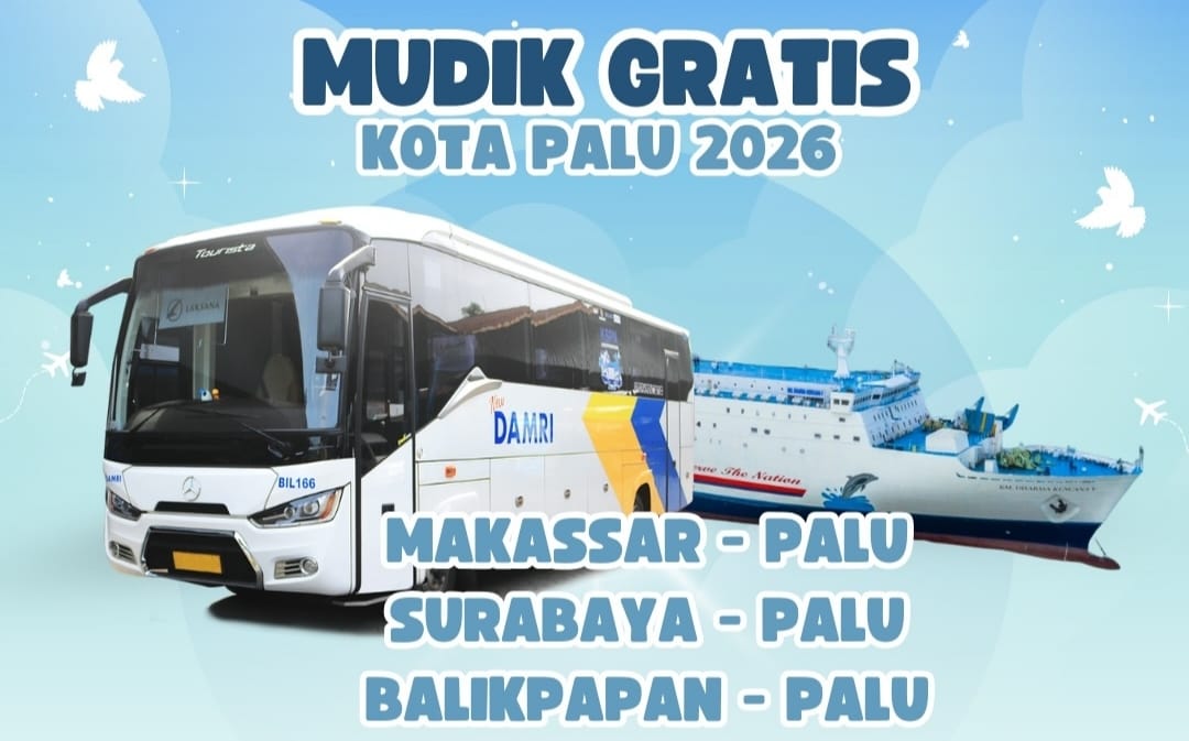 Ilustrasi armada bus dan kapal yang disiapkan untuk program Mudik Gratis Kota Palu 2026 dengan rute Makassar&ndash;Palu, Surabaya&ndash;Palu, dan Balikpapan&ndash;Palu.