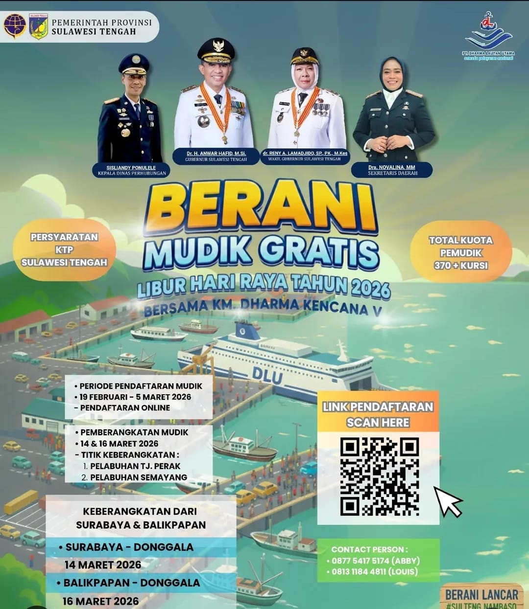 Informasi program Berani Mudik Gratis 2026 dari Dishub Sulteng dengan rute Surabaya dan Balikpapan menuju Donggala.