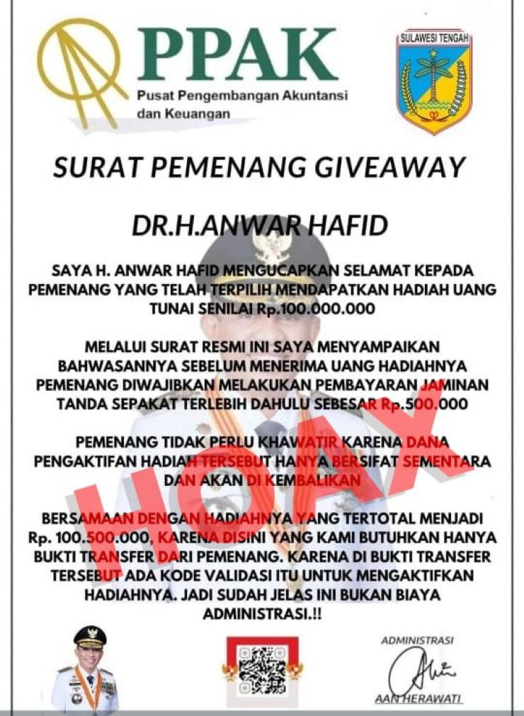 Tangkapan layar unggahan di media sosial yang mencatut nama Gubernur Sulawesi Tengah dengan iming-iming hadiah uang tunai.