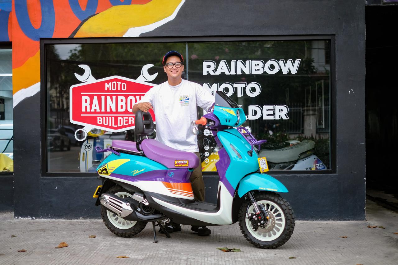 Yamaha Grand Filano Hybrid yang dimodifikasi dengan tema Urban Rally oleh Adega Anggayasta bersama Rainbow Moto Builder.