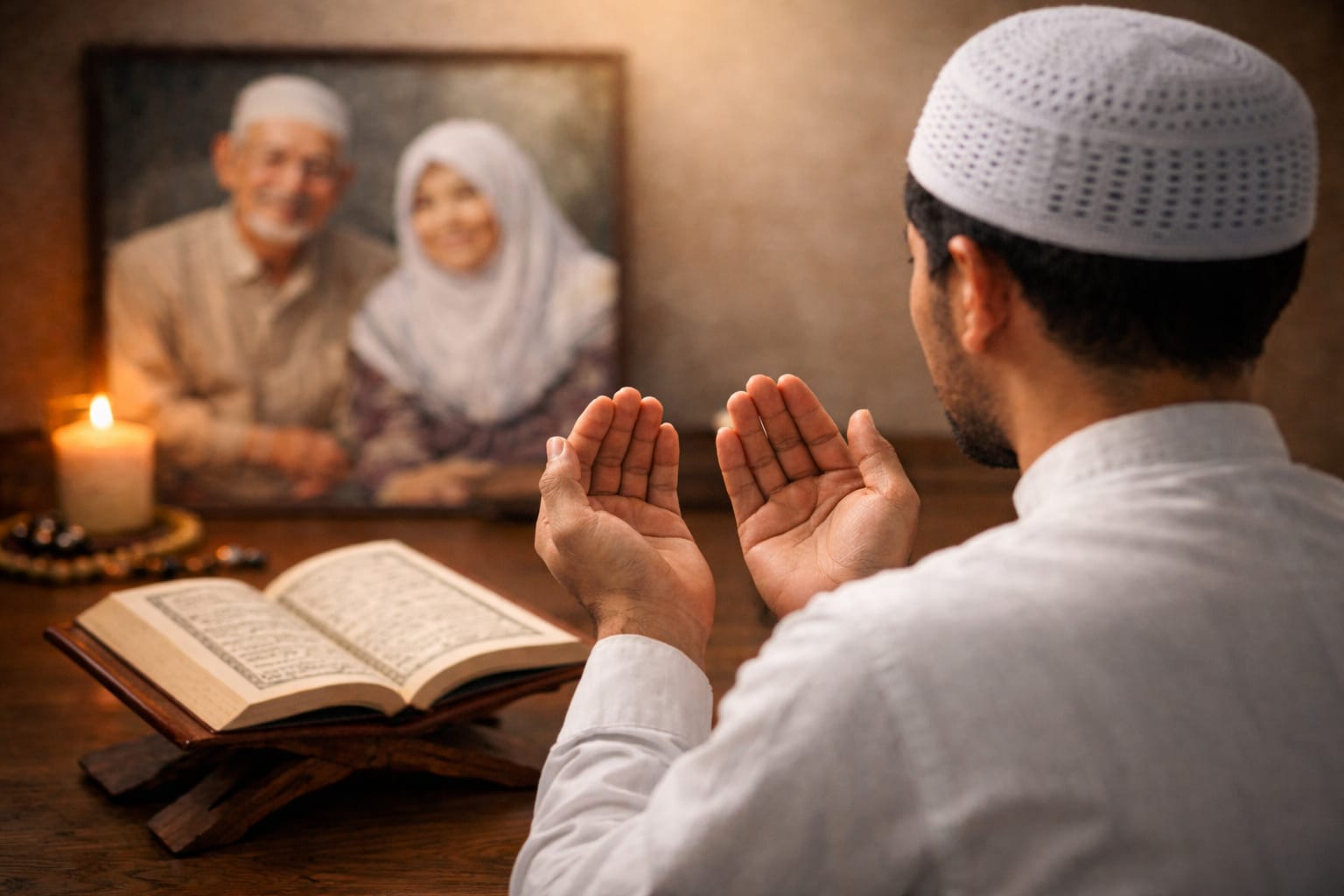 Ilustrasi seorang Muslim membaca doa untuk kedua orang tua setelah salat, amalan yang dianjurkan dalam Al-Qur&rsquo;an.
