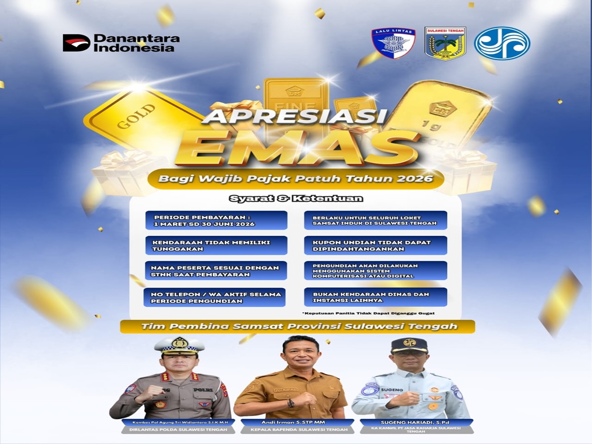 Pemprov Sulawesi Tengah bersama mitra Samsat menghadirkan undian emas bagi wajib pajak kendaraan yang patuh pada 2026.