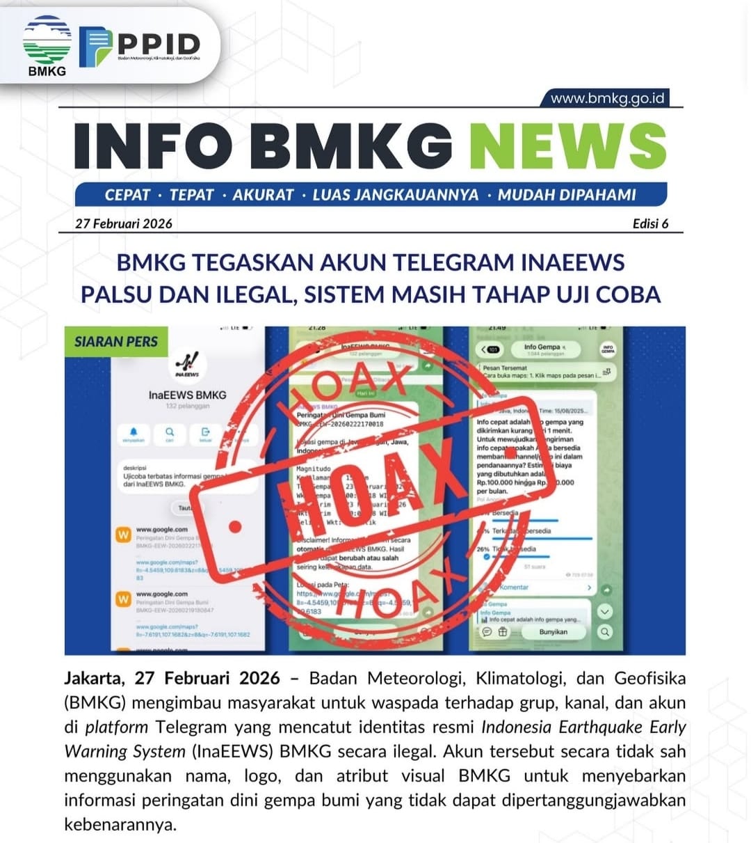 BMKG mengklarifikasi akun Telegram yang mengatasnamakan InaEEWS adalah palsu dan mengimbau masyarakat hanya mengikuti kanal resmi.