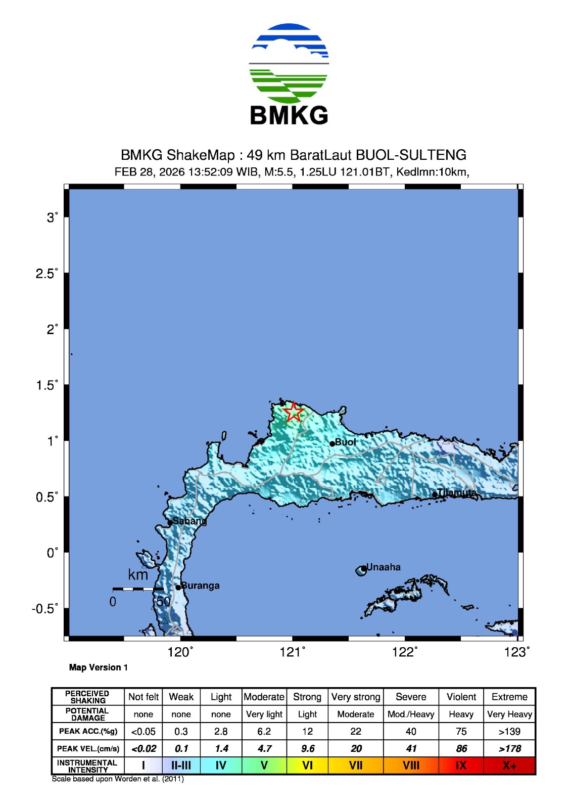 Peta guncangan gempa magnitudo 5,5 di wilayah Tolitoli, Sulawesi Tengah, Sabtu (28/2/2026), pukul 14.52 WITA.