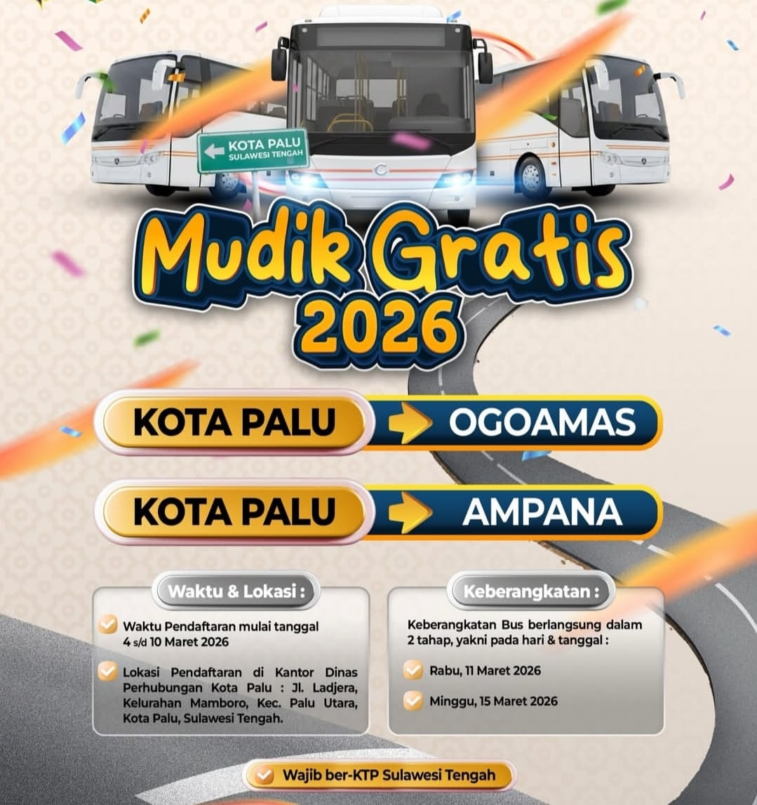 Informasi resmi program Mudik Gratis 2026 Pemerintah Kota Palu lengkap dengan rute, jadwal, dan syarat pendaftaran.