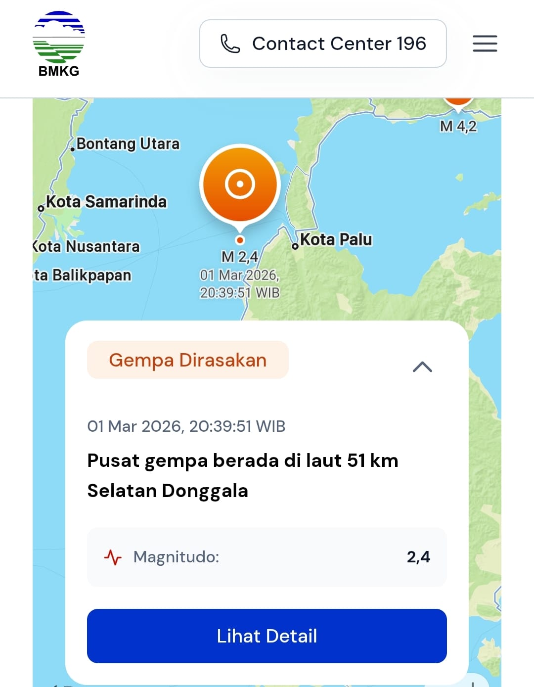 Peta BMKG menunjukkan lokasi gempa magnitudo 2,4 di laut 51 km selatan Donggala yang dirasakan lemah di Palu dan Sigi, Minggu (1/3/2026) malam.