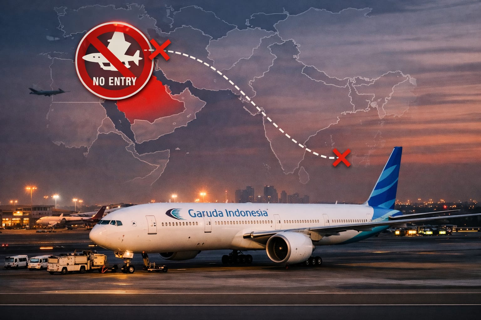 Aktivitas penerbangan internasional terdampak penutupan wilayah udara Qatar, ilustrasi rute Doha Garuda Indonesia.