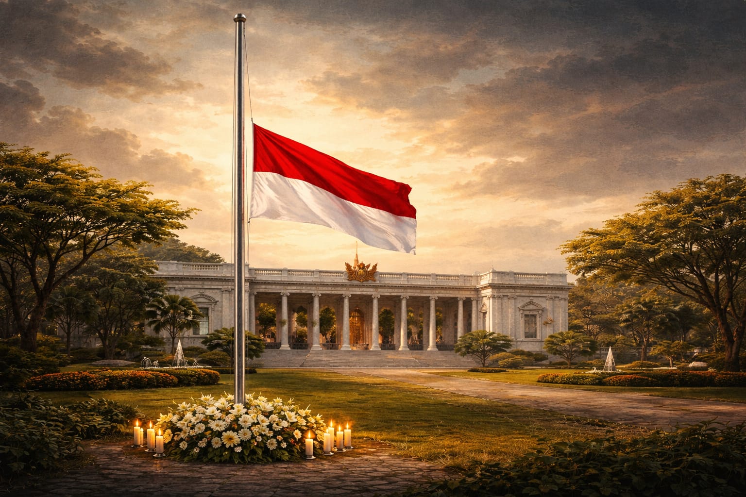 Bendera Merah Putih dikibarkan setengah tiang sebagai bentuk penghormatan atas wafatnya Wapres ke-6 Try Sutrisno.