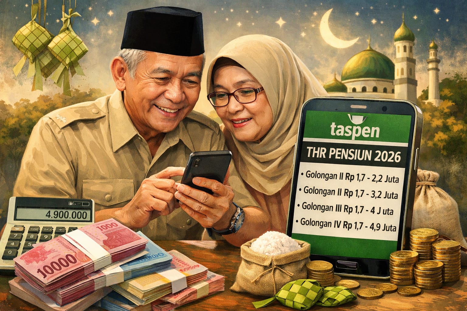 Ilustrasi pensiunan PNS mengecek estimasi pencairan THR 2026 melalui aplikasi Taspen menjelang Ramadan.