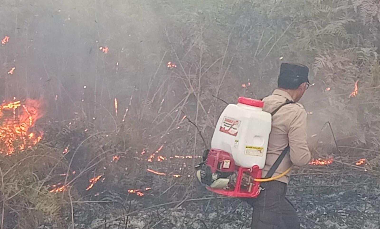 MEMADAMKAN API: Tampak personel Polsek Nuhon saat memadamkan api.(FOTO: NENDRA PRASETYA/RADAR PALU). 
