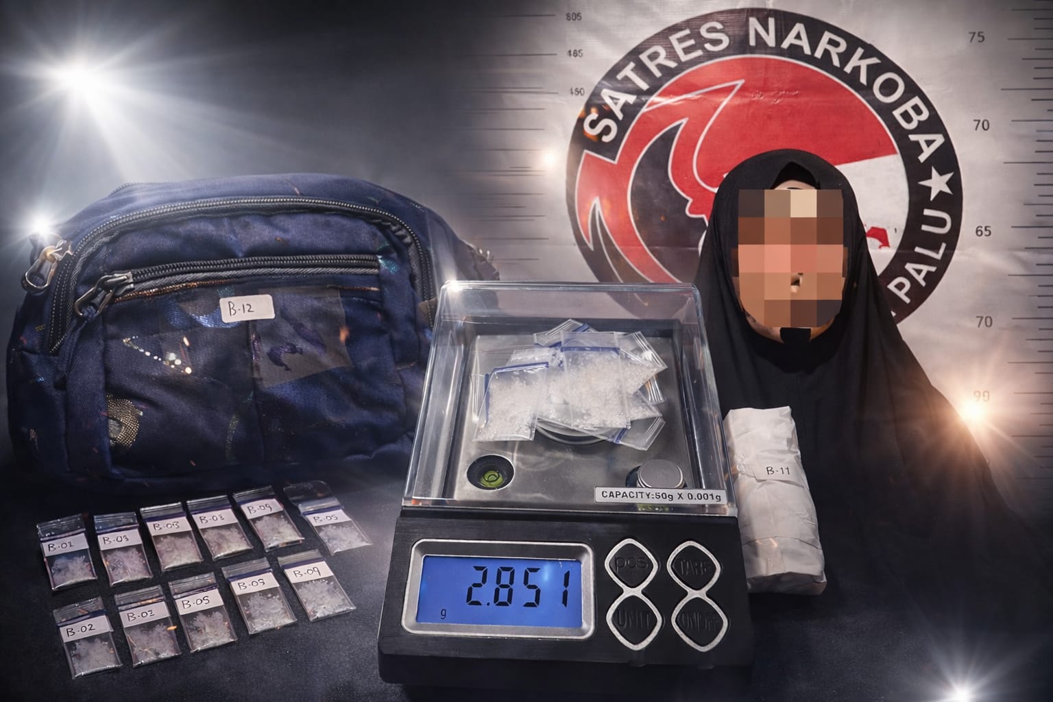 Barang bukti narkotika jenis sabu seberat 2,851 gram yang diamankan Satresnarkoba Polresta Palu dari seorang perempuan berinisial NBB (59) saat penangkapan di Jalan Selar, Kelurahan Lere.