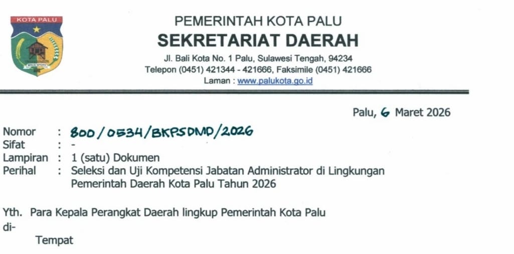 Dokumen pengumuman seleksi dan uji kompetensi jabatan administrator Pemkot Palu tahun 2026 yang dirilis BKPSDMD. 