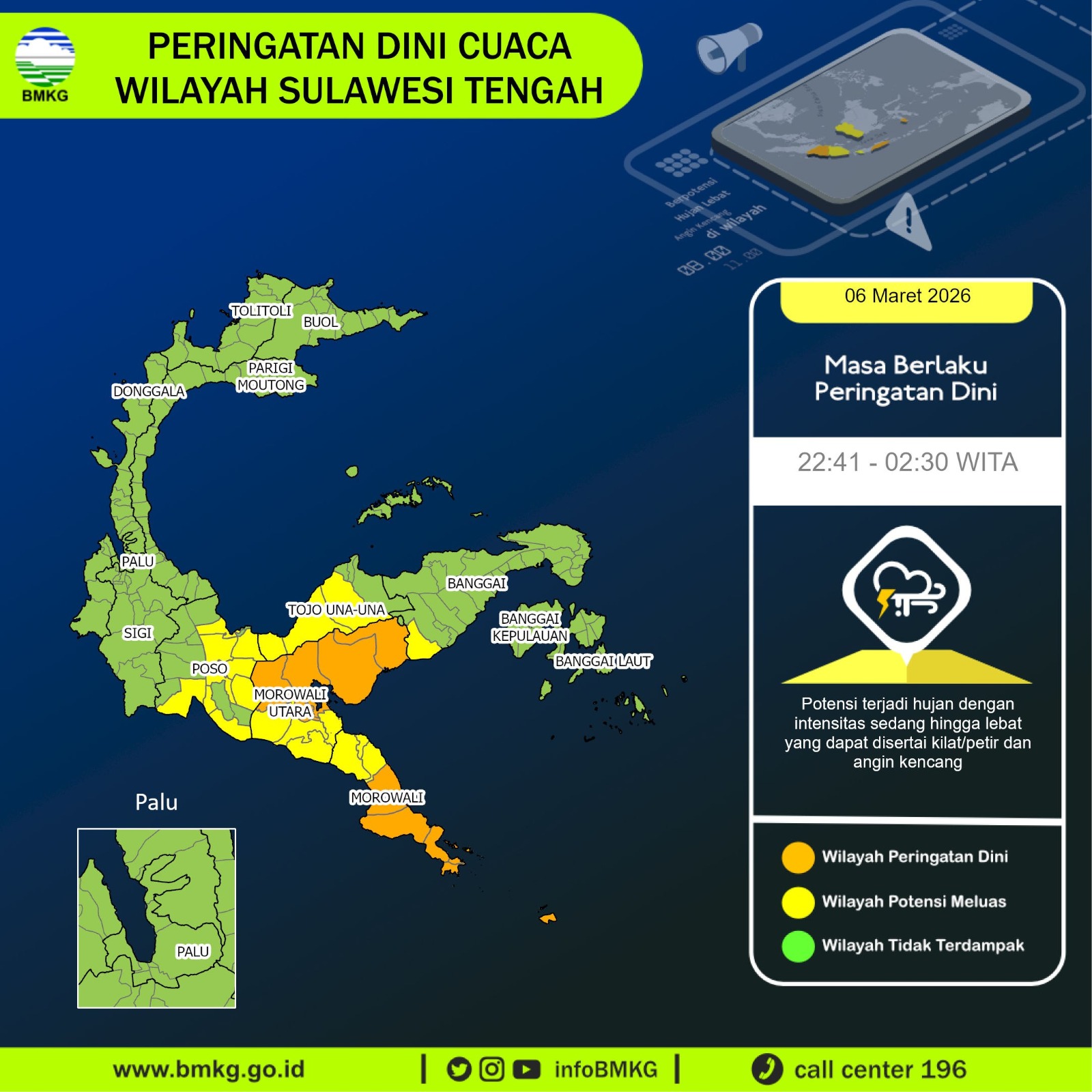 BMKG mengeluarkan peringatan dini cuaca untuk wilayah Sulawesi Tengah pada Jumat malam (6/3/2026).