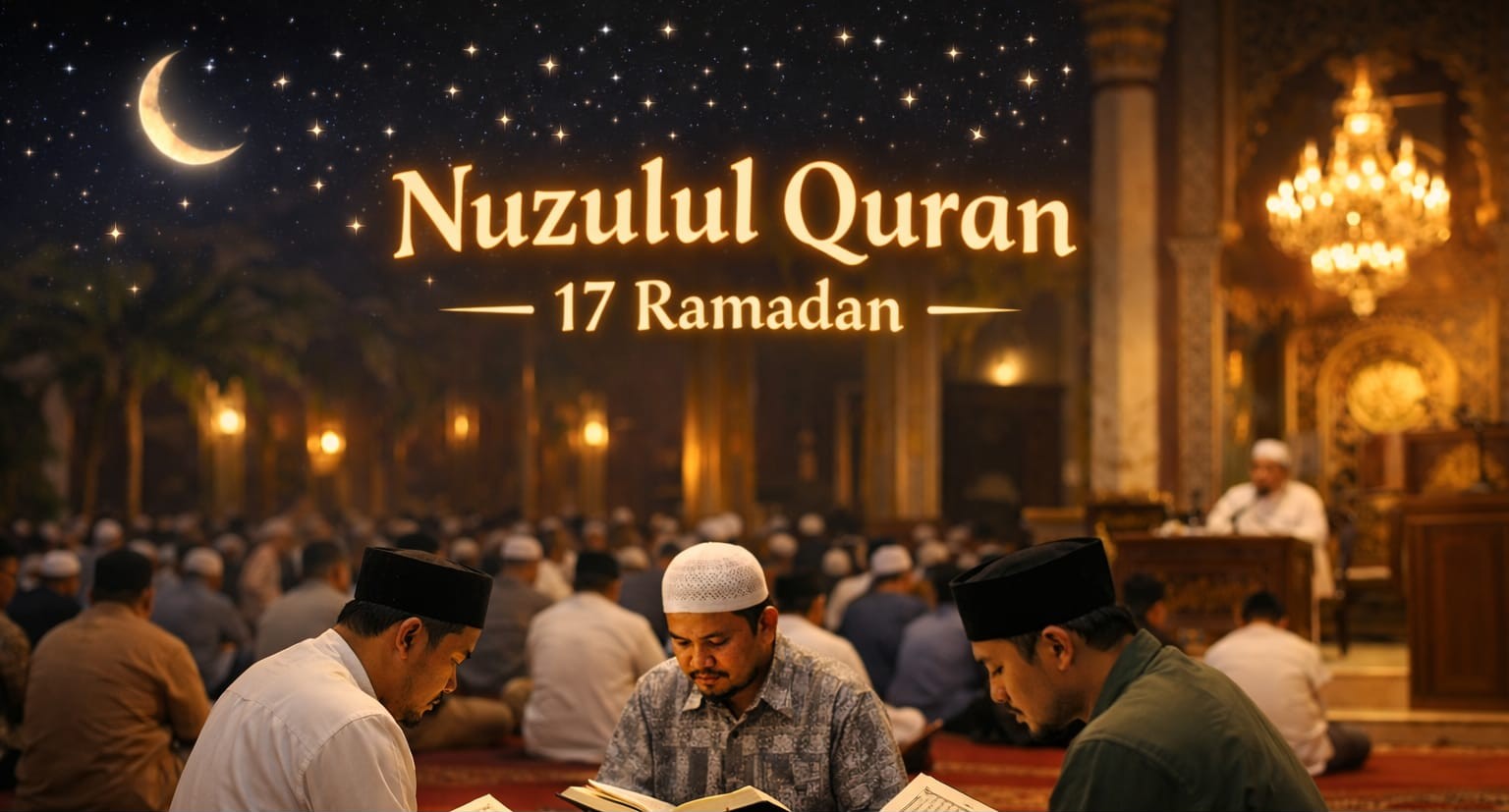 Umat Islam membaca Al-Quran di masjid saat Ramadan. Malam Nuzulul Quran diperingati setiap 17 Ramadan sebagai momen turunnya Al-Quran.