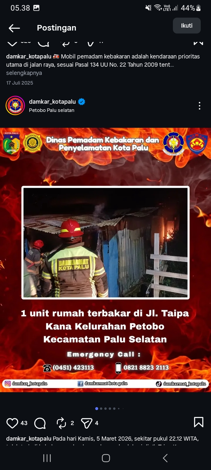 Kebakaran sebuah rumah terjadi di Jalan Taipa Kana, Kelurahan Petobo, Kecamatan Palu Selatan, Kota Palu, Kamis malam (5/3).