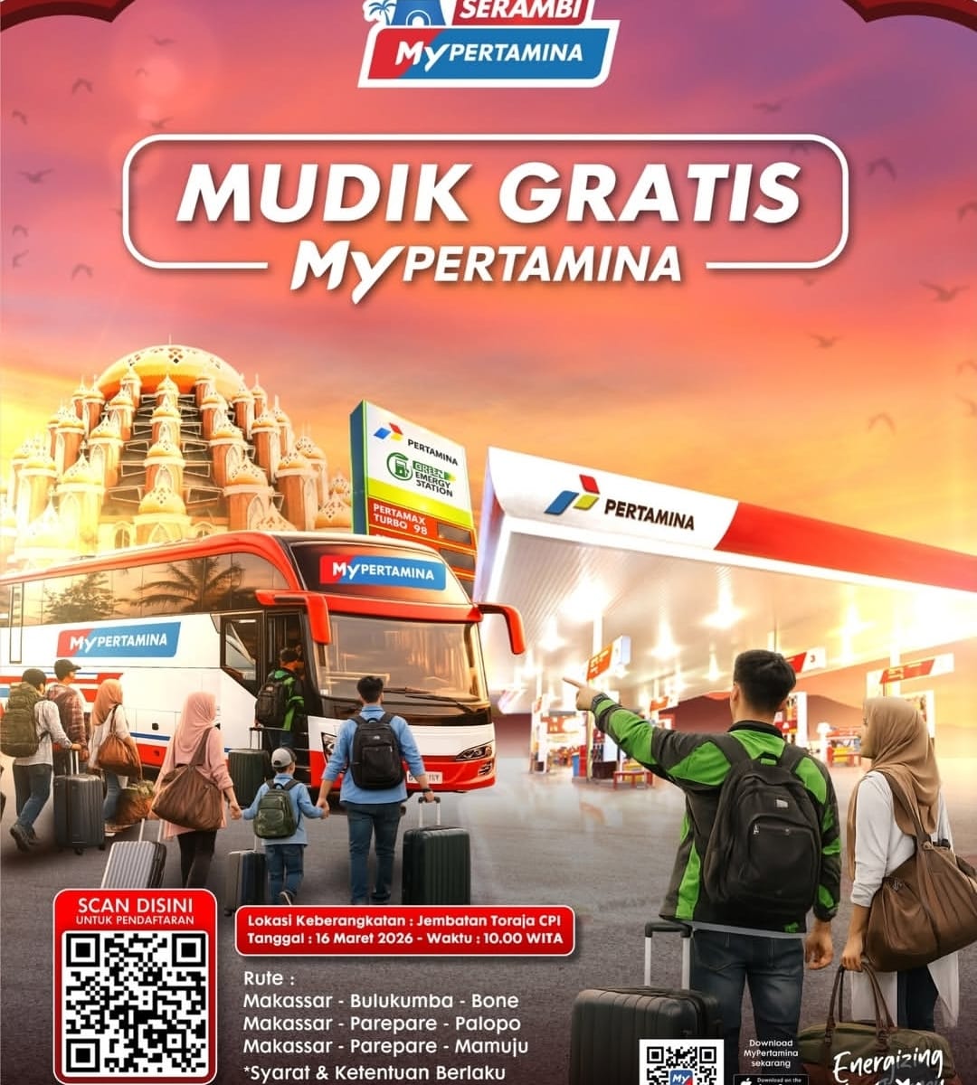 Poster program Mudik Gratis MyPertamina 2026 dengan rute Makassar menuju Bone, Palopo dan Mamuju, berangkat dari CPI Makassar.